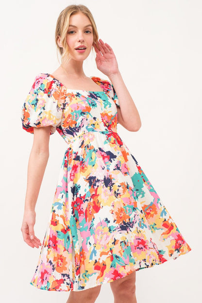 And The Why Square Neck Puff Sleeve Floral Dress - Jaazi Intl