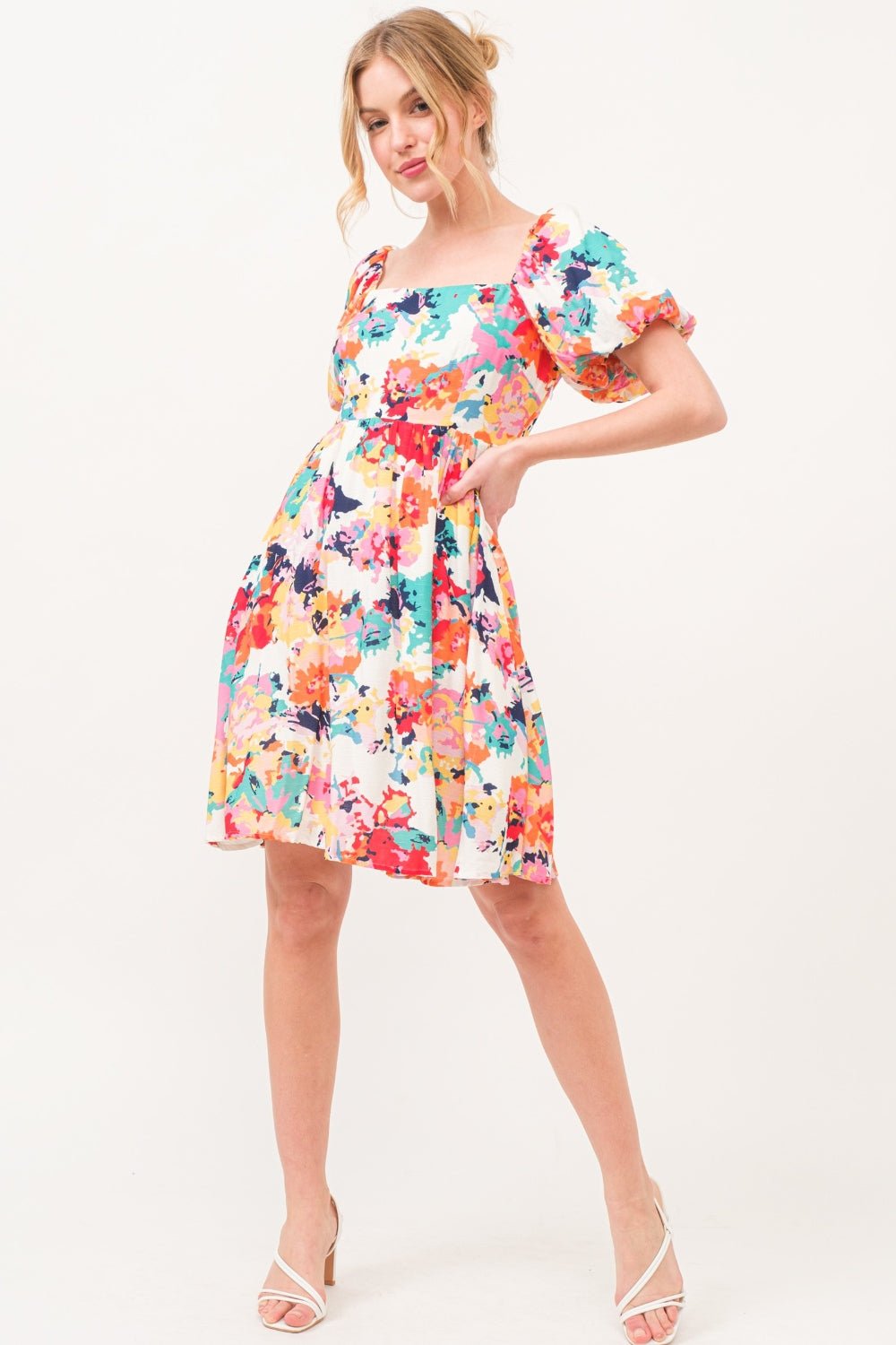 And The Why Square Neck Puff Sleeve Floral Dress - Jaazi Intl