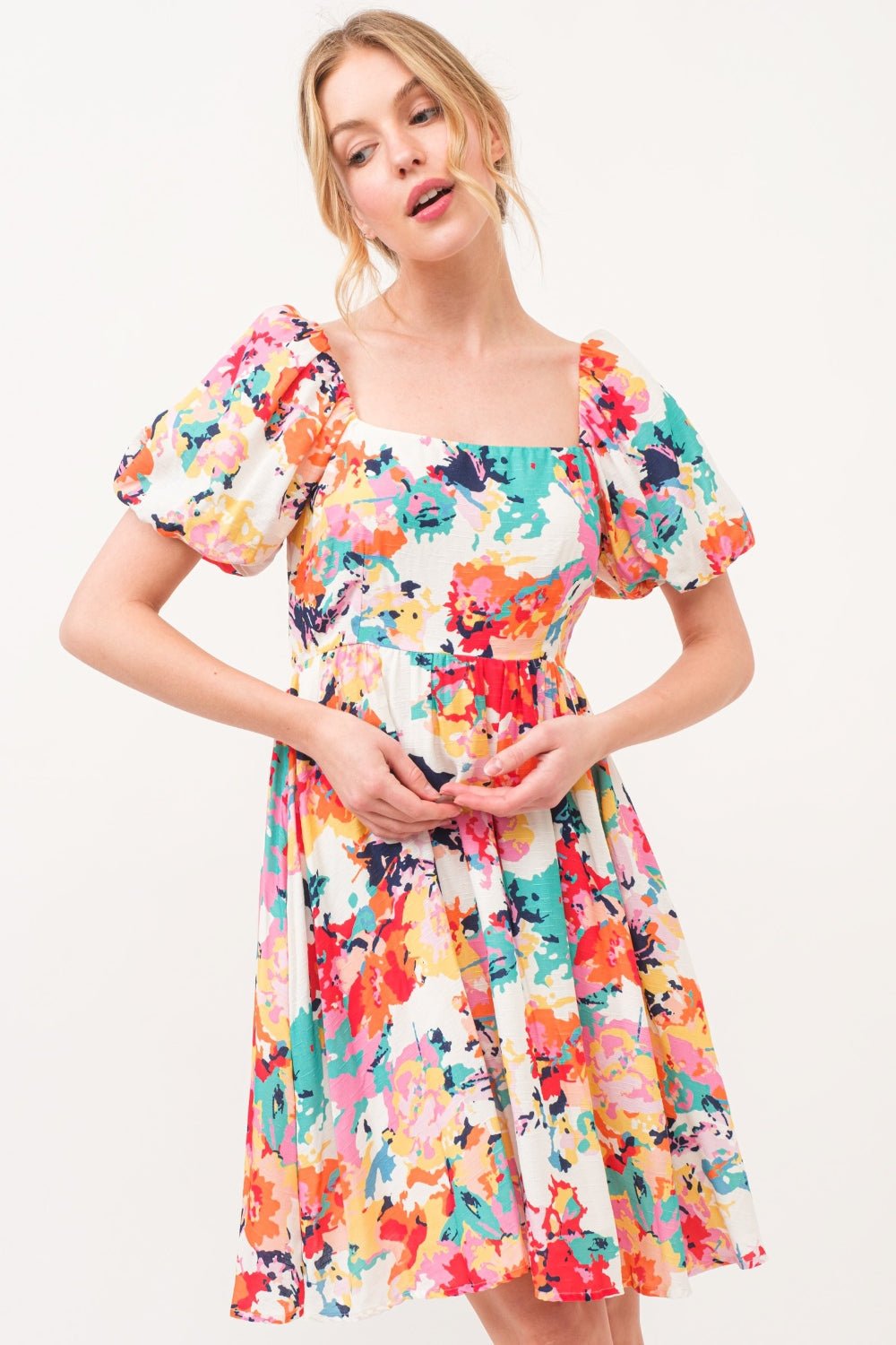 And The Why Square Neck Puff Sleeve Floral Dress - Jaazi Intl