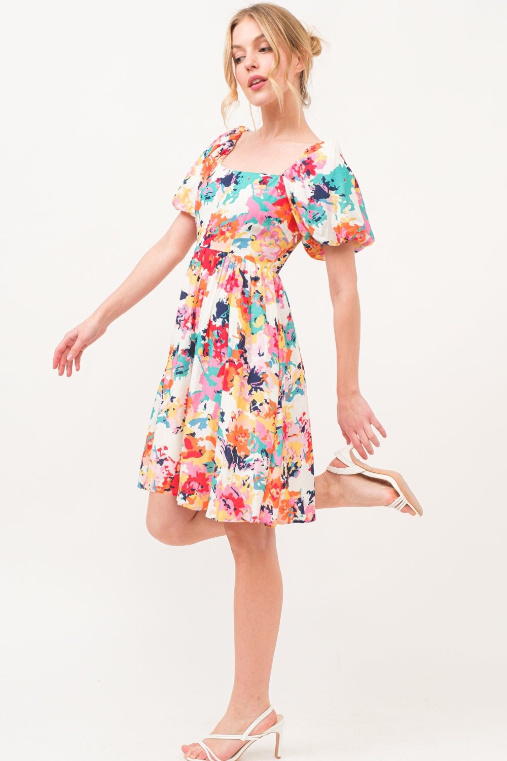 And The Why Square Neck Puff Sleeve Floral Dress - Jaazi Intl