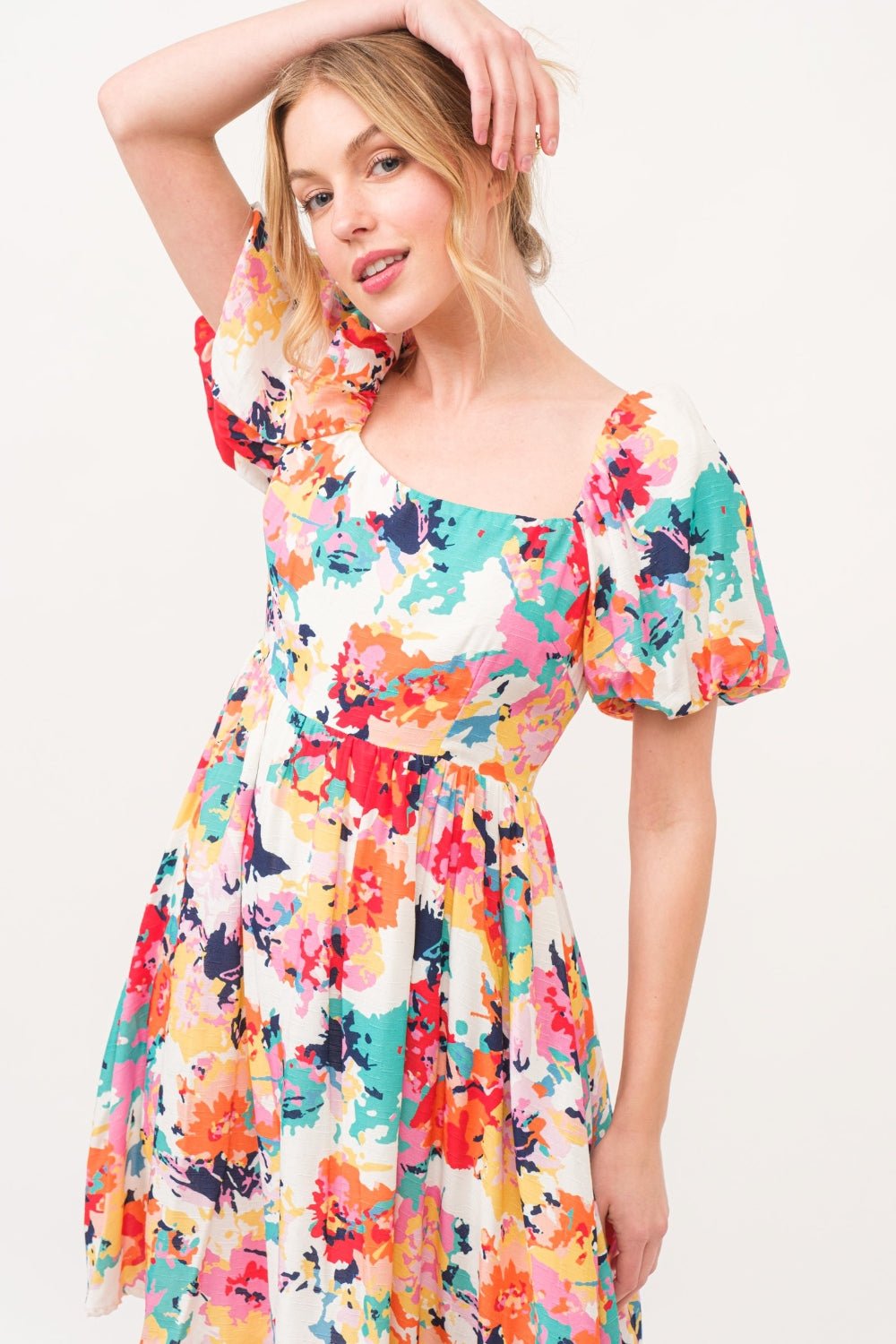 And The Why Square Neck Puff Sleeve Floral Dress - Jaazi Intl