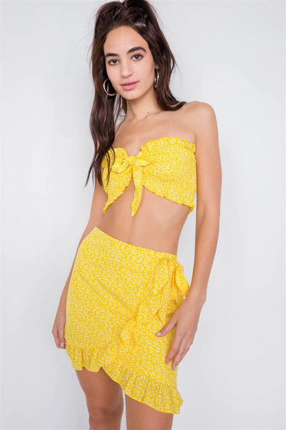 Yellow Boho White Floral Print Bandeau Mini Wrap Skirt Set  /4-2-1