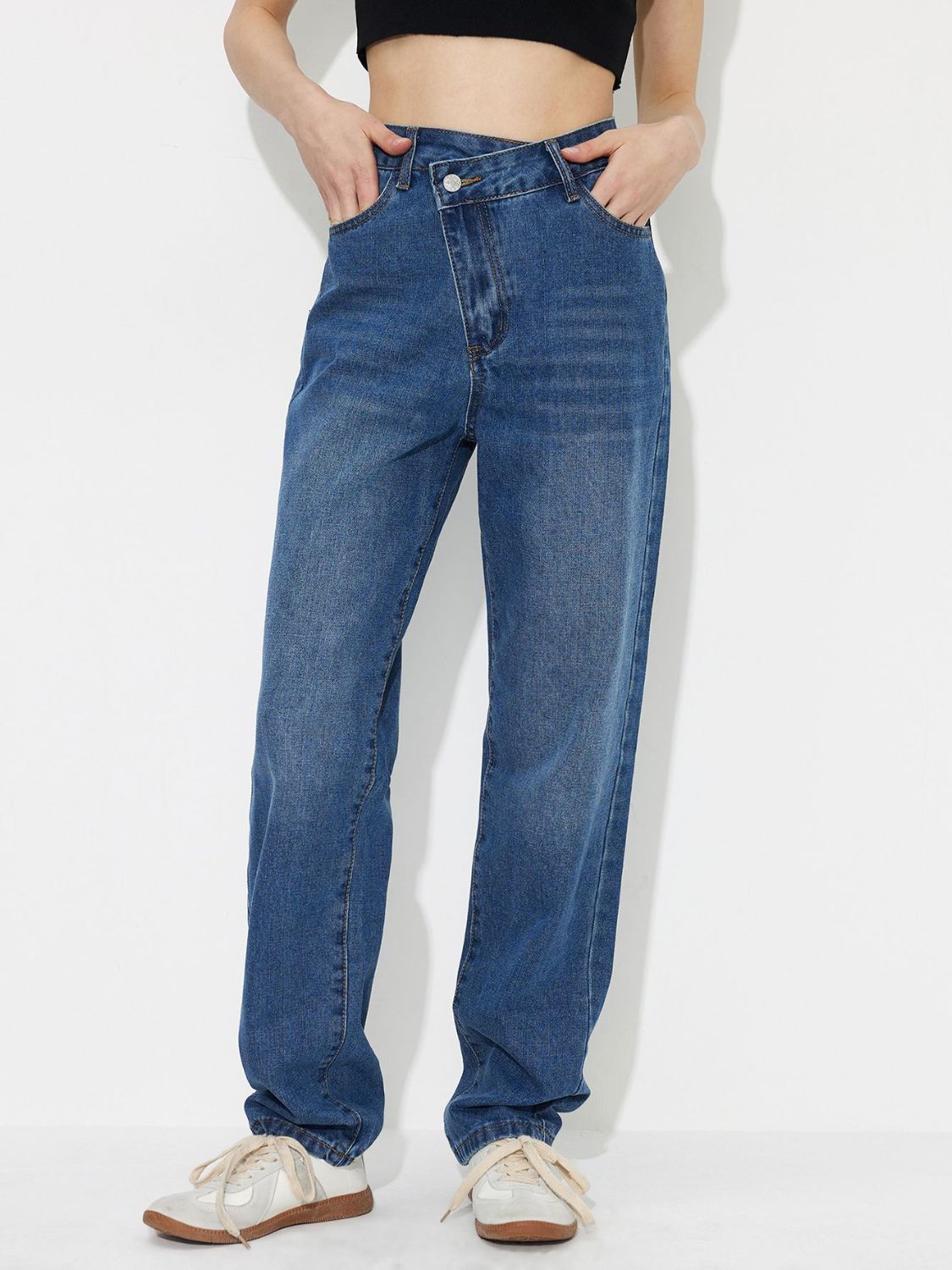 Asymmetric Waist Jeans with Pockets - Jaazi Intl