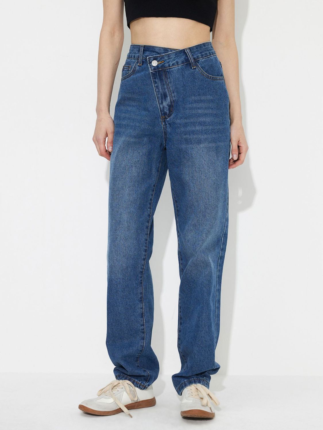 Asymmetric Waist Jeans with Pockets - Jaazi Intl