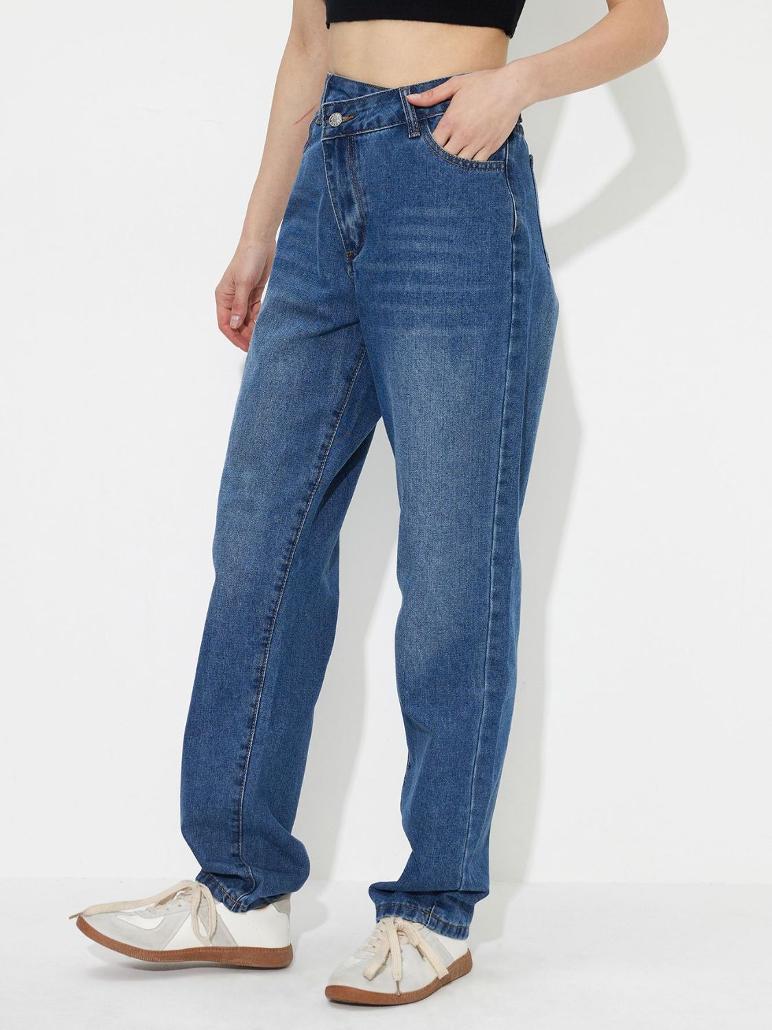 Asymmetric Waist Jeans with Pockets - Jaazi Intl