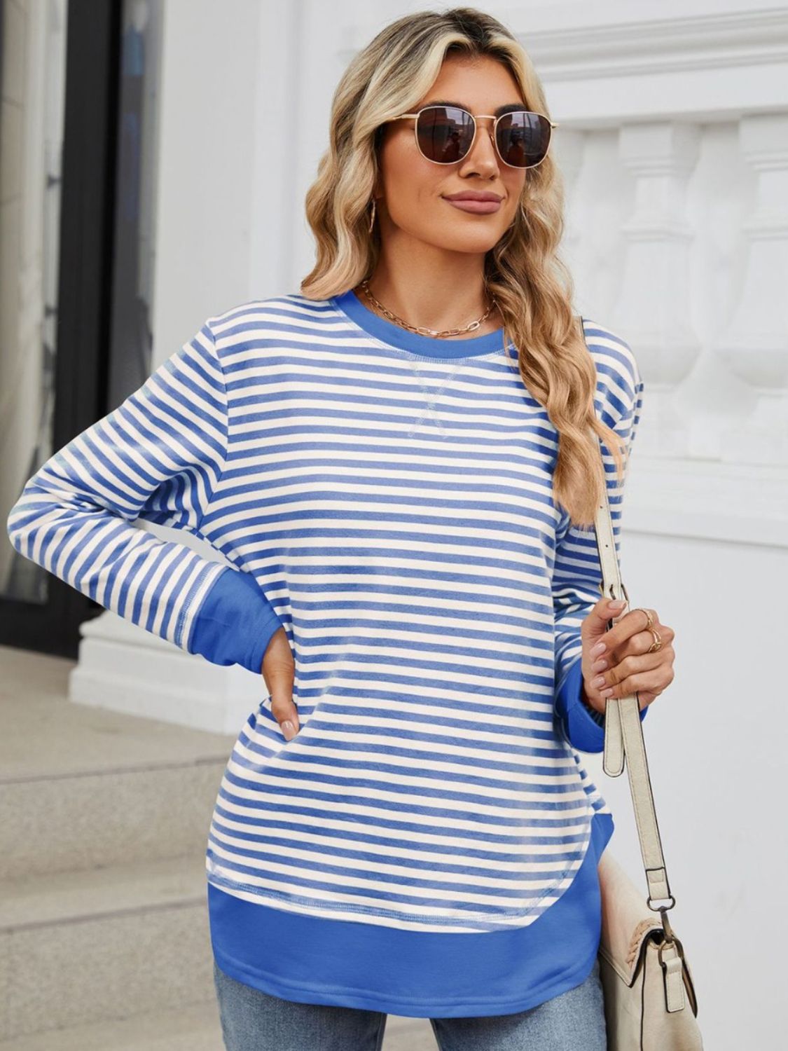 Striped Round Neck Long Sleeve Sweatshirt