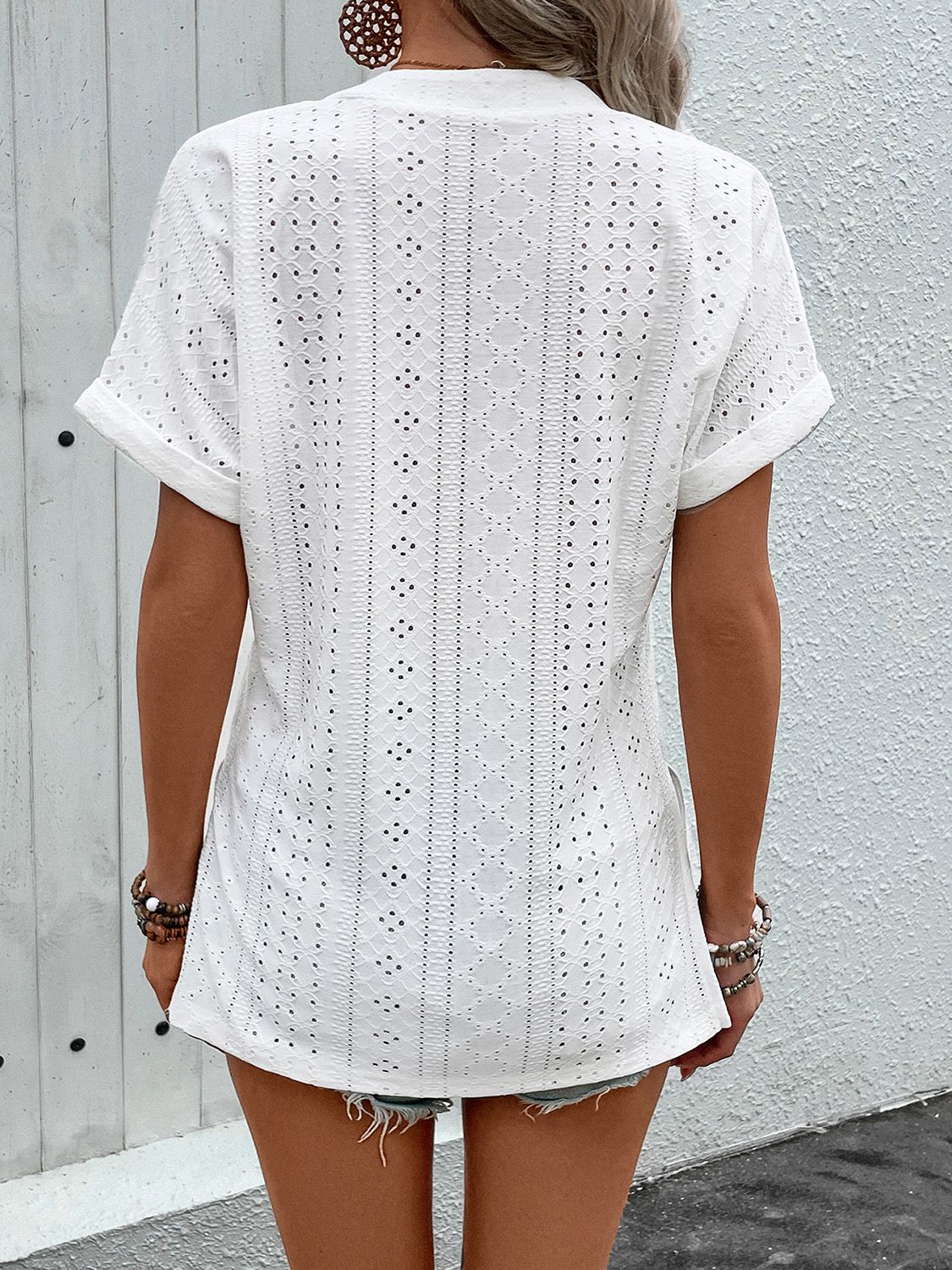 Perfee Eyelet Notched Short Sleeve Blouse