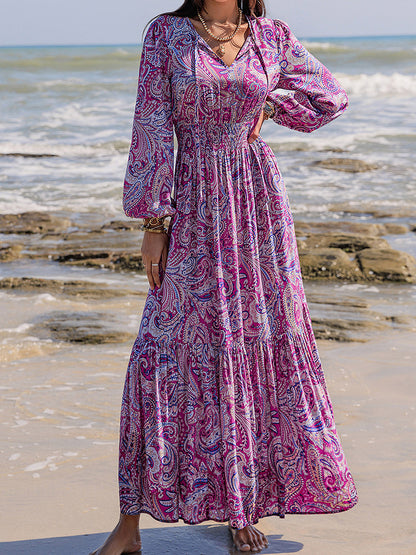 Printed Tie Neck Balloon Sleeve Maxi Dress