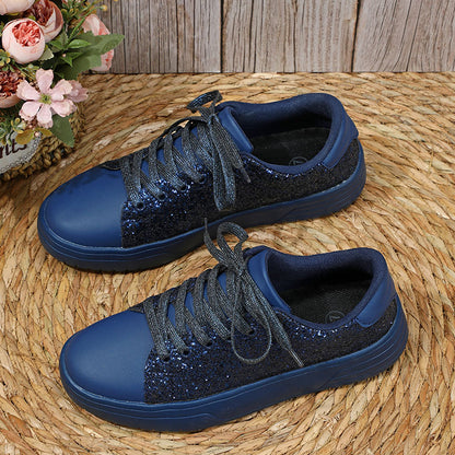 Glitter Sequin Design Flats Shoes Women Trendy Casual Thick-soled Lace-up Sneakers Fashion Skateboard Shoes