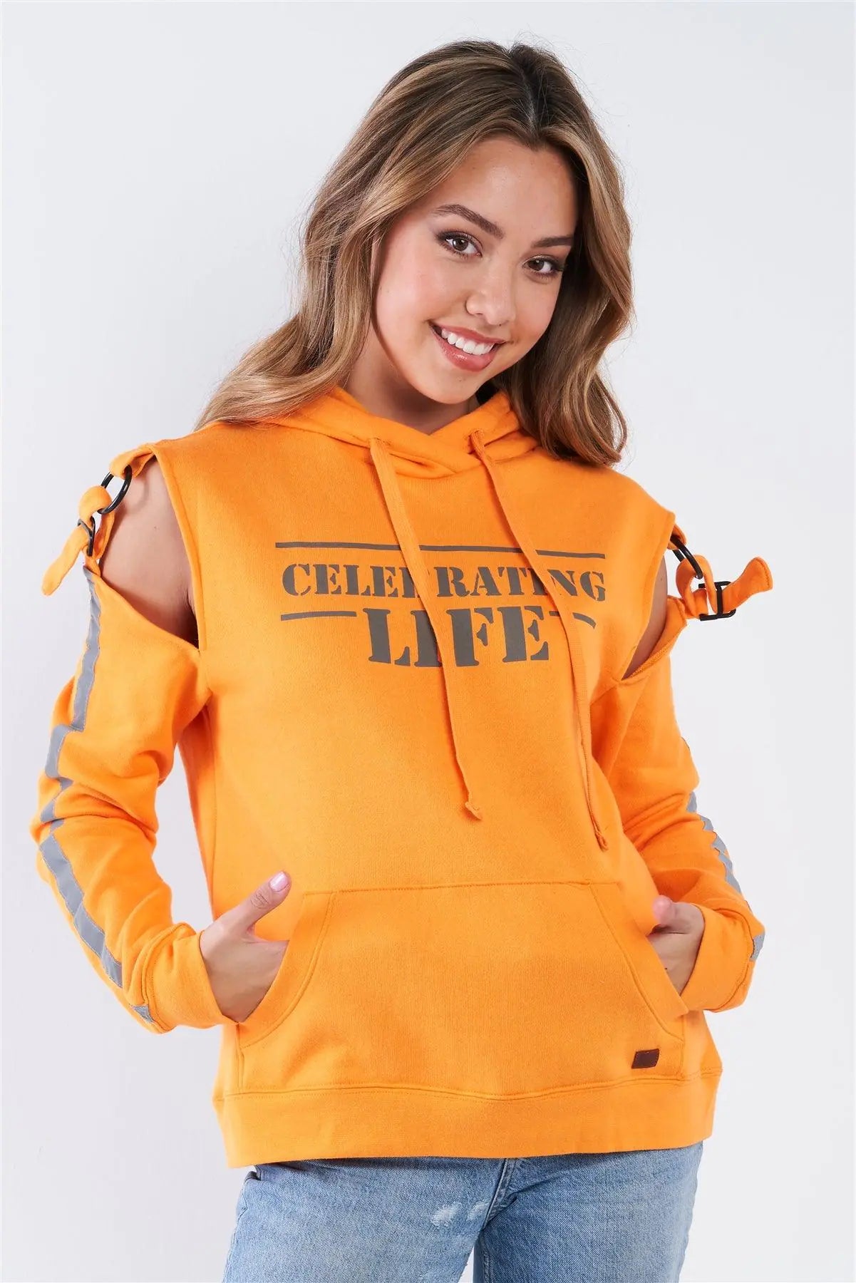 Orange Long Sleeve Adjustable Buckle Cold Shoulder "Celebrating Life" Hoodie