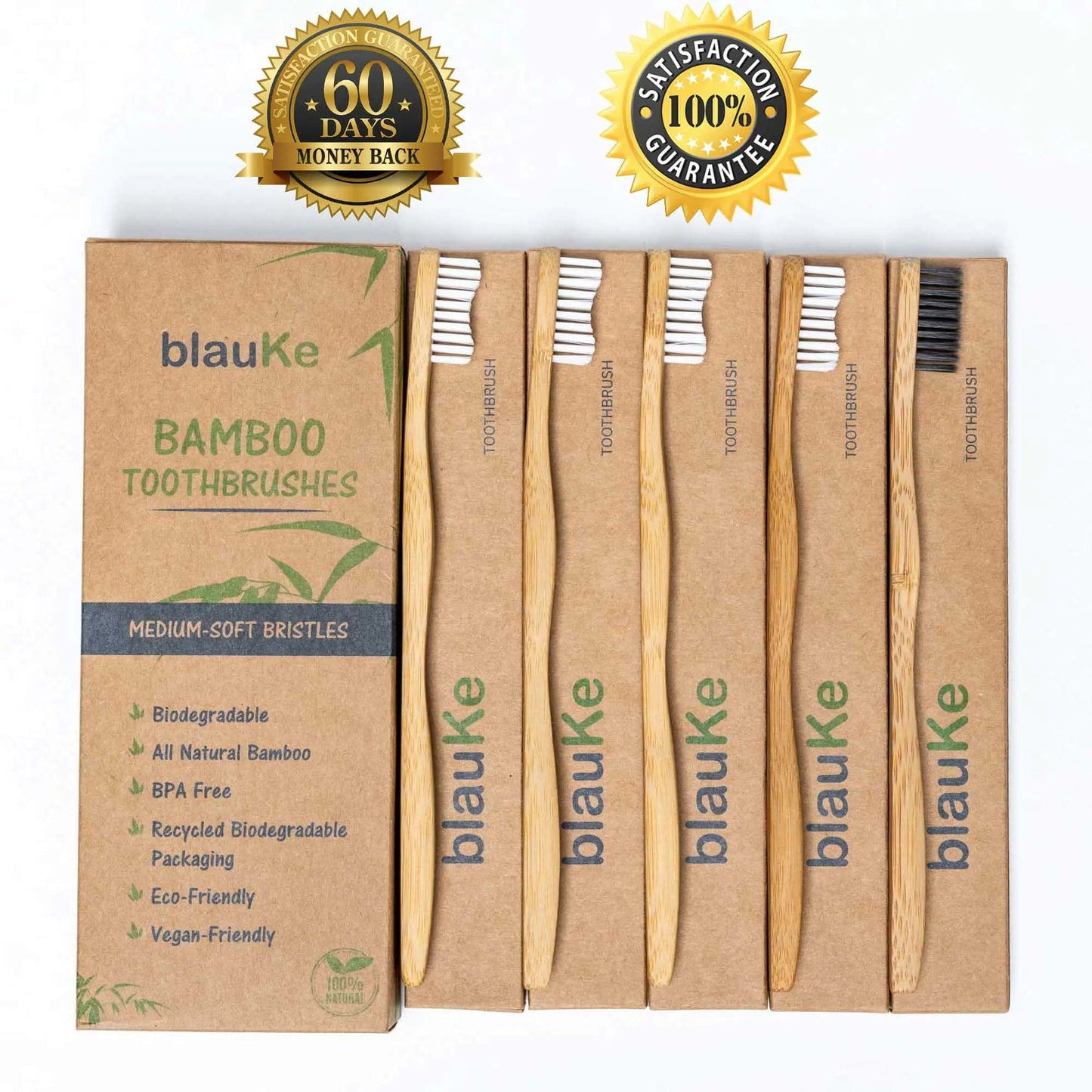 Bamboo Toothbrush Set 5 - Pack - Bamboo Toothbrushes with Medium Bristles for Adults - Eco - Friendly, Biodegradable, Natural Wooden Toothbrushes - Jaazi Intl