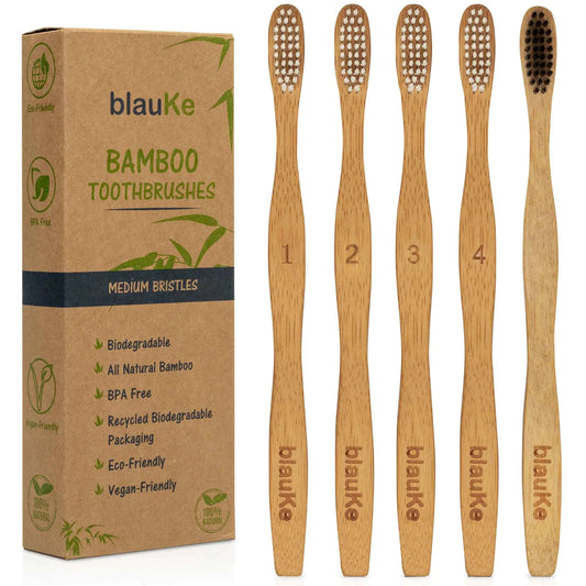 Bamboo Toothbrush Set 5 - Pack - Bamboo Toothbrushes with Medium Bristles for Adults - Eco - Friendly, Biodegradable, Natural Wooden Toothbrushes - Jaazi Intl
