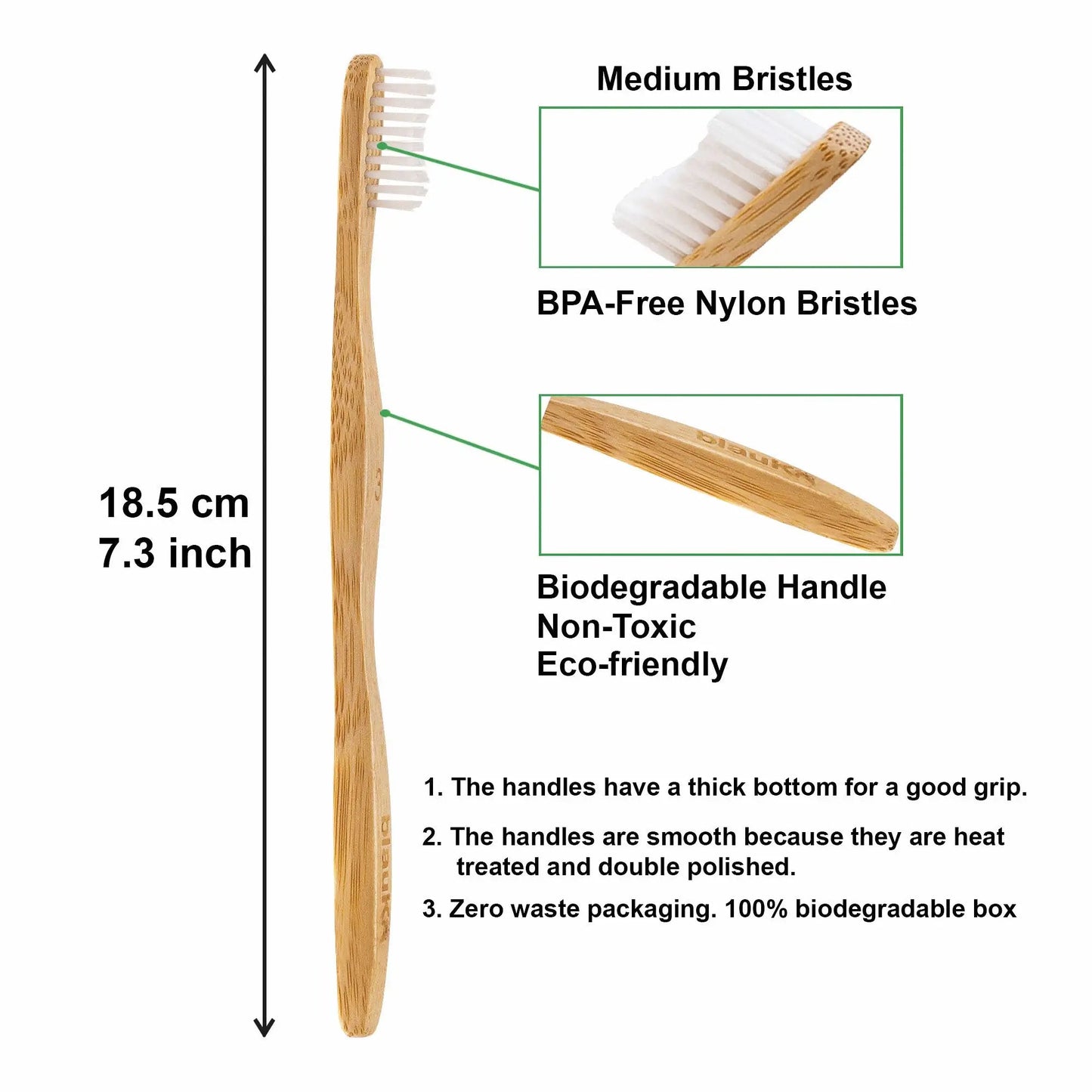 Bamboo Toothbrush Set 5 - Pack - Bamboo Toothbrushes with Medium Bristles for Adults - Eco - Friendly, Biodegradable, Natural Wooden Toothbrushes - Jaazi Intl