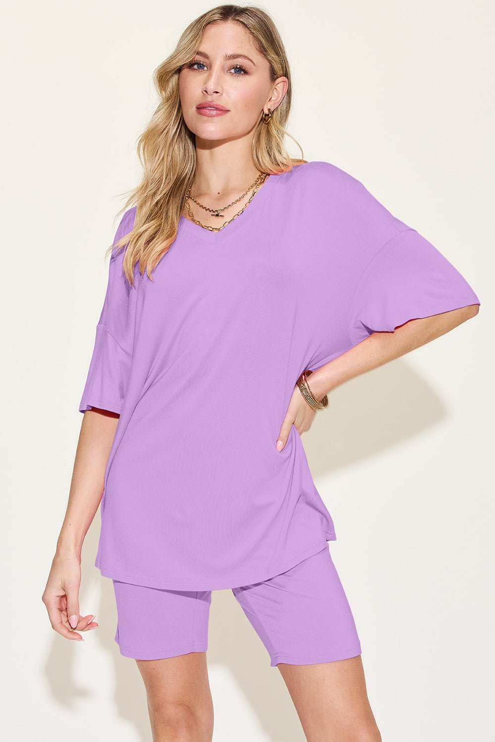 Basic Bae Bamboo Full Size V - Neck Drop Shoulder T - Shirt and Shorts Set - Jaazi Intl