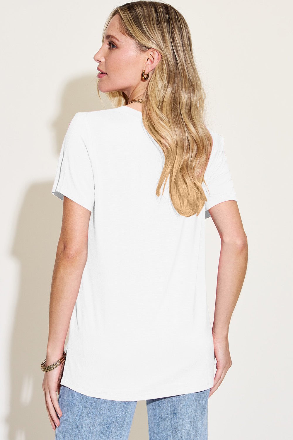 Basic Bae Bamboo Full Size V - Neck High - Low T - Shirt - Jaazi Intl