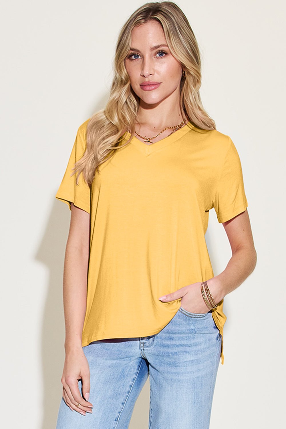 Basic Bae Bamboo Full Size V - Neck High - Low T - Shirt - Jaazi Intl