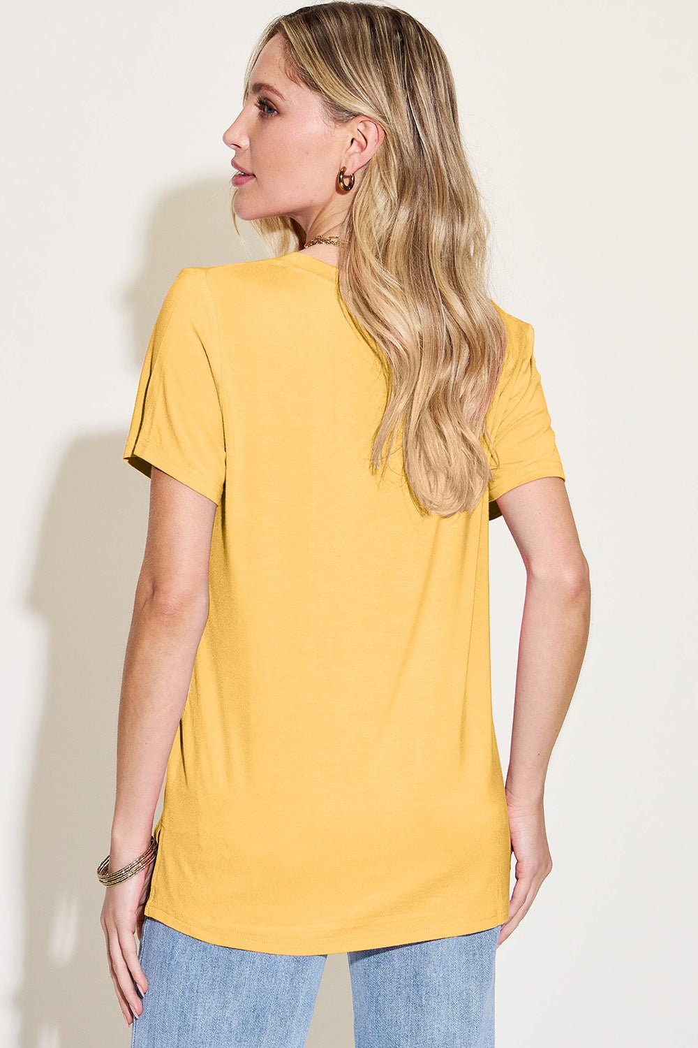 Basic Bae Bamboo Full Size V - Neck High - Low T - Shirt - Jaazi Intl