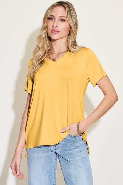 Basic Bae Bamboo Full Size V - Neck High - Low T - Shirt - Jaazi Intl