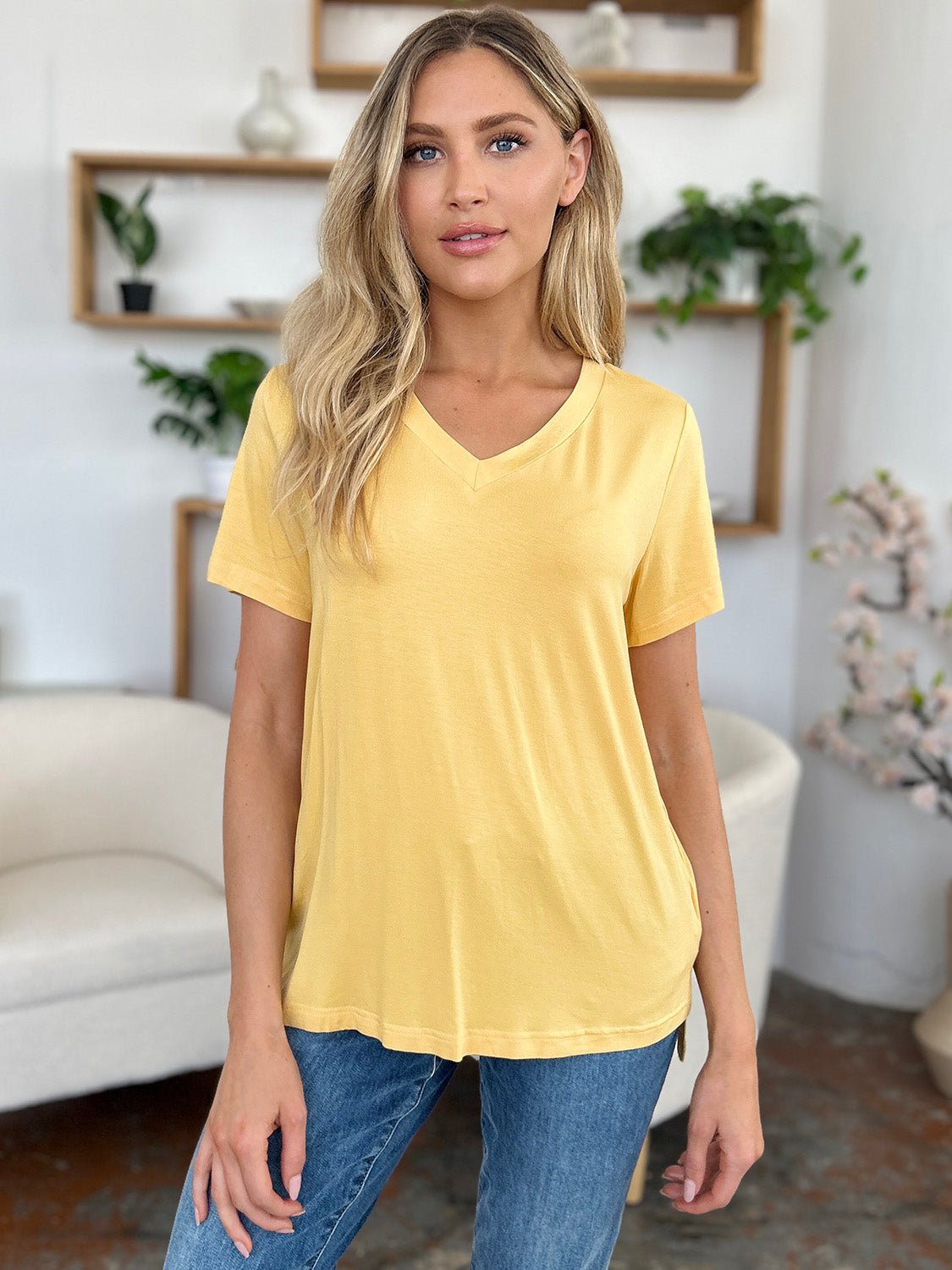 Basic Bae Bamboo Full Size V - Neck High - Low T - Shirt - Jaazi Intl