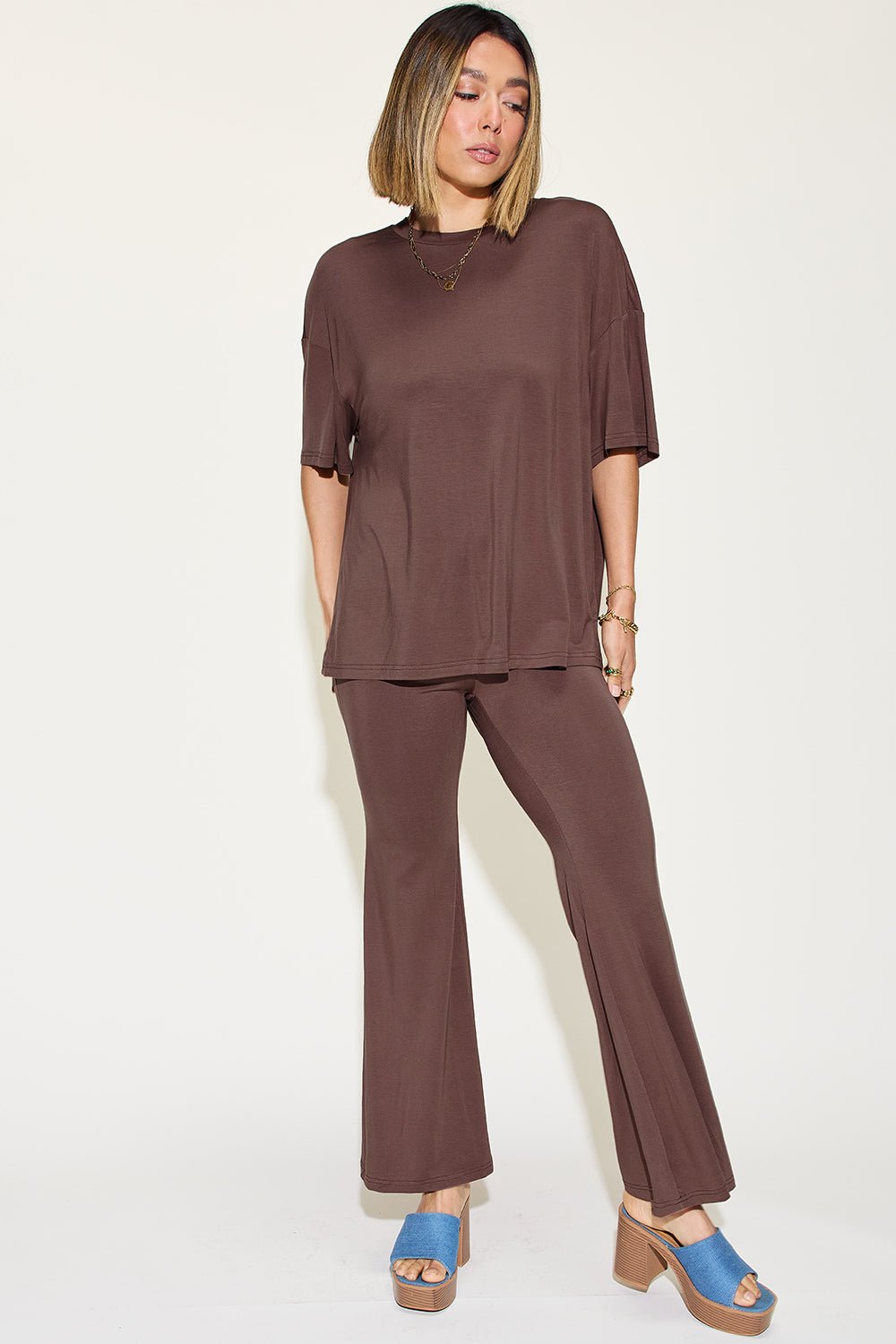 Basic Bae Full Size Bamboo Drop Shoulder T - Shirt and Flare Pants Set - Jaazi Intl