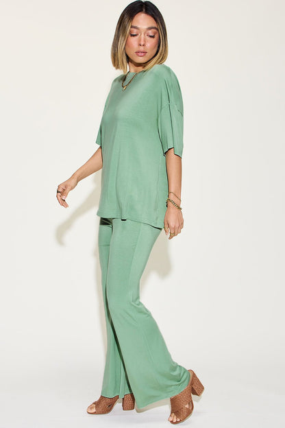 Basic Bae Full Size Bamboo Drop Shoulder T - Shirt and Flare Pants Set - Jaazi Intl