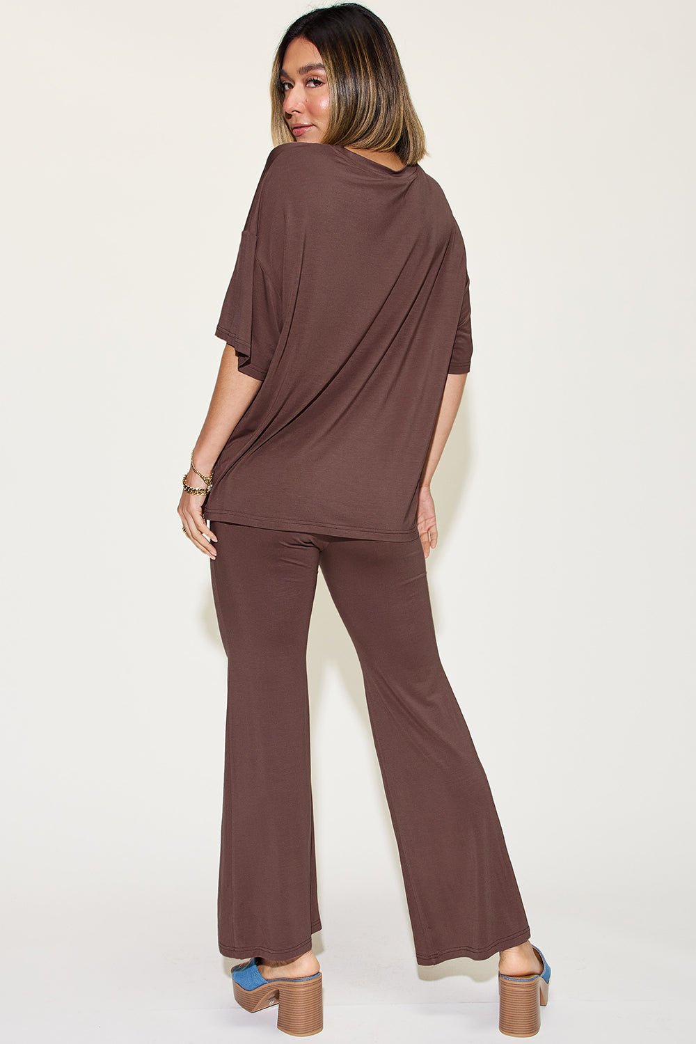 Basic Bae Full Size Bamboo Drop Shoulder T - Shirt and Flare Pants Set - Jaazi Intl