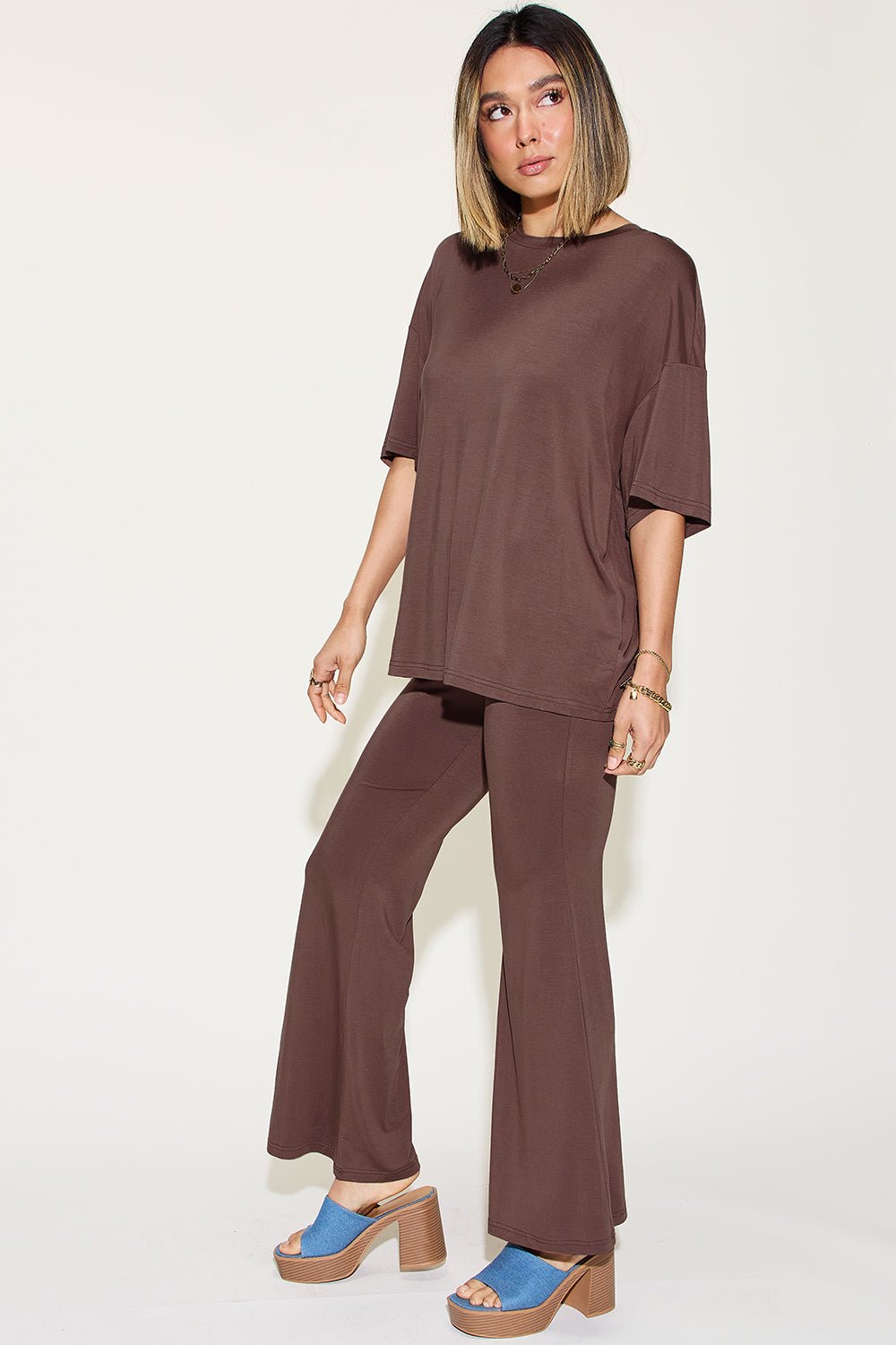 Basic Bae Full Size Bamboo Drop Shoulder T - Shirt and Flare Pants Set - Jaazi Intl