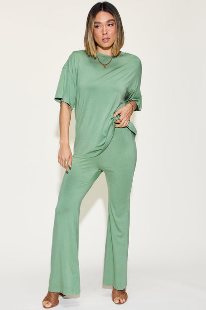 Basic Bae Full Size Bamboo Drop Shoulder T - Shirt and Flare Pants Set - Jaazi Intl