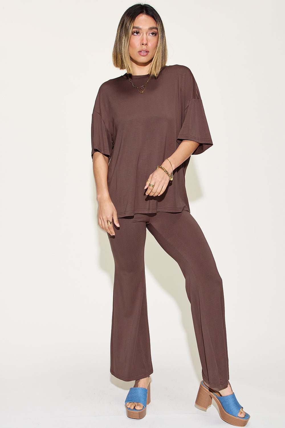 Basic Bae Full Size Bamboo Drop Shoulder T - Shirt and Flare Pants Set - Jaazi Intl