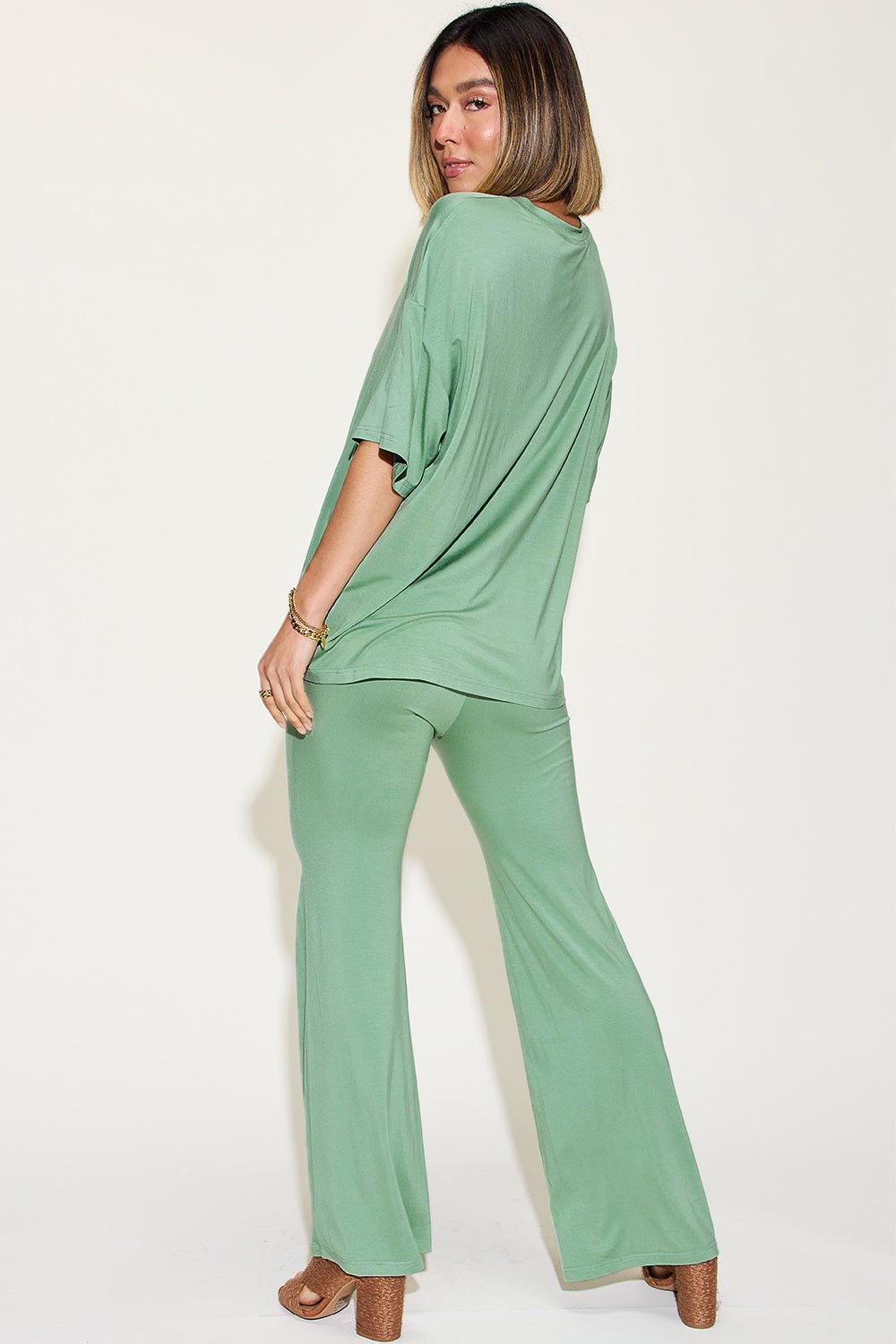 Basic Bae Full Size Bamboo Drop Shoulder T - Shirt and Flare Pants Set - Jaazi Intl