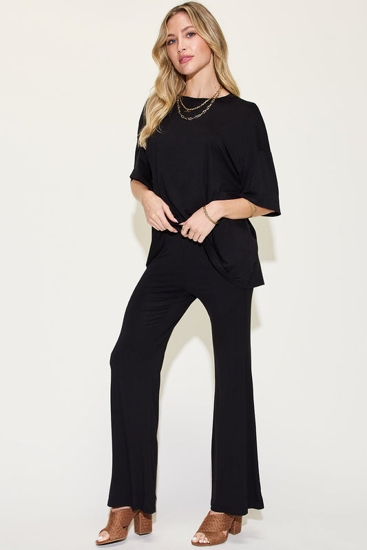 Basic Bae Full Size Bamboo Drop Shoulder T - Shirt and Flare Pants Set - Jaazi Intl