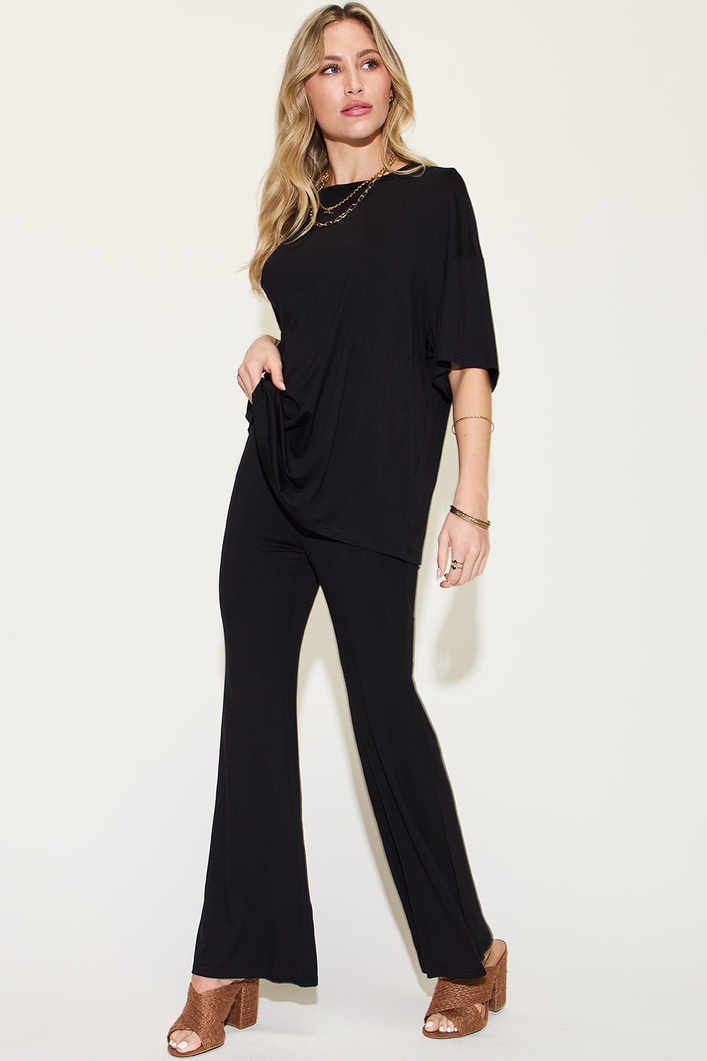 Basic Bae Full Size Bamboo Drop Shoulder T - Shirt and Flare Pants Set - Jaazi Intl