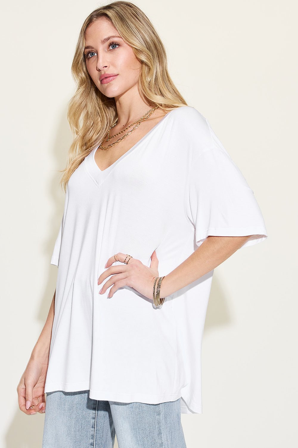 Basic Bae Full Size Bamboo V - Neck Drop Shoulder T - Shirt - Jaazi Intl