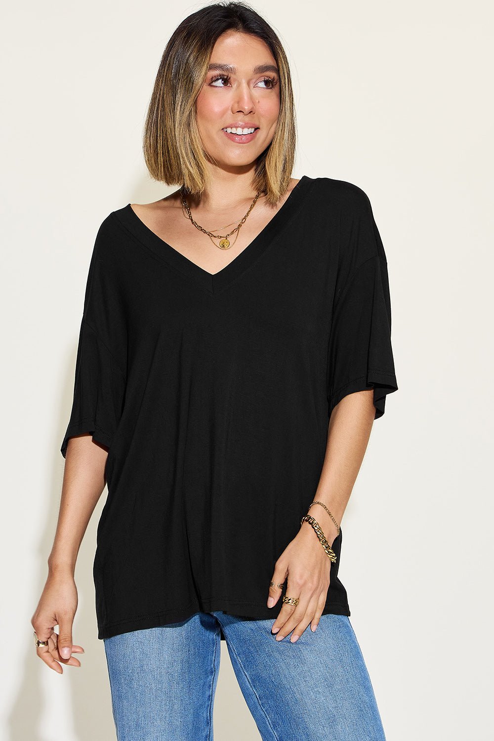 Basic Bae Full Size Bamboo V - Neck Drop Shoulder T - Shirt - Jaazi Intl