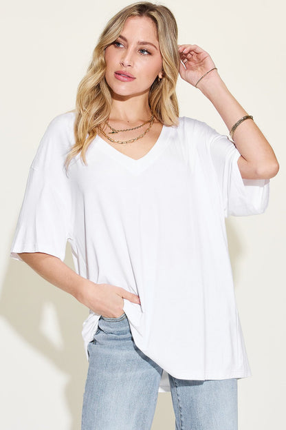 Basic Bae Full Size Bamboo V - Neck Drop Shoulder T - Shirt - Jaazi Intl