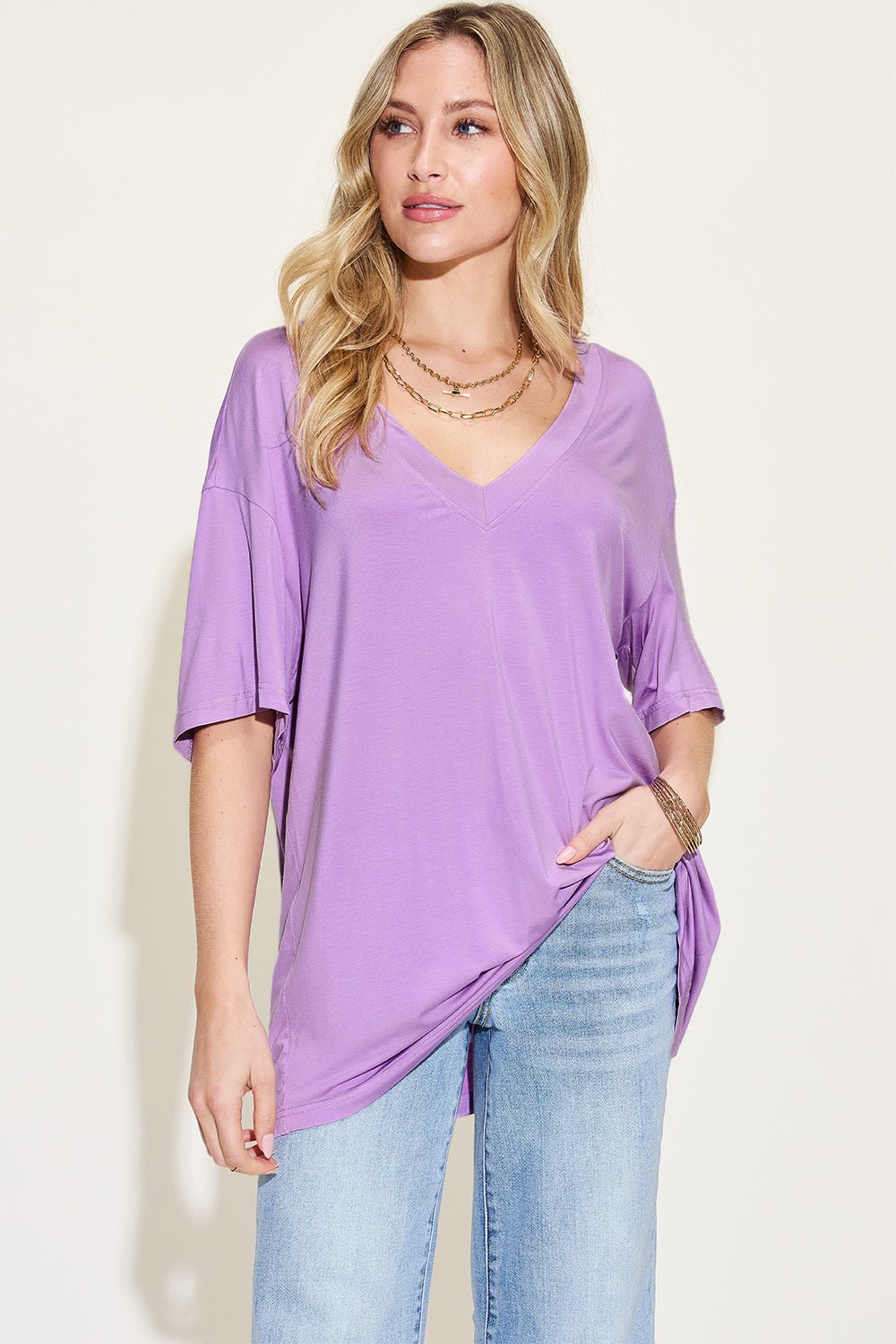 Basic Bae Full Size Bamboo V - Neck Drop Shoulder T - Shirt - Jaazi Intl