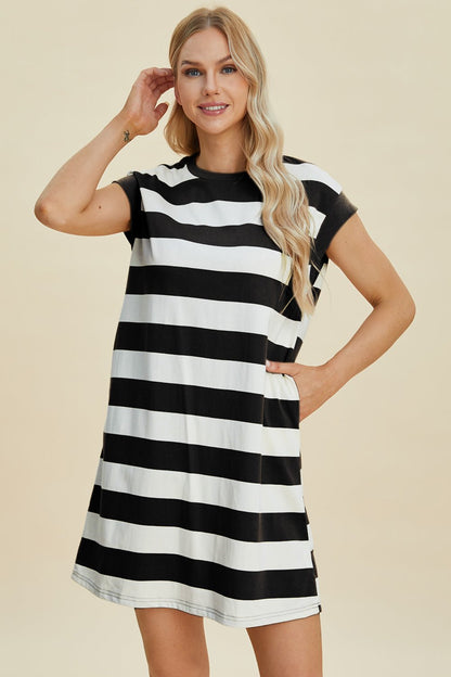 Basic Bae Full Size Striped Round Neck Cap Sleeve Mini Dress - Jaazi Intl