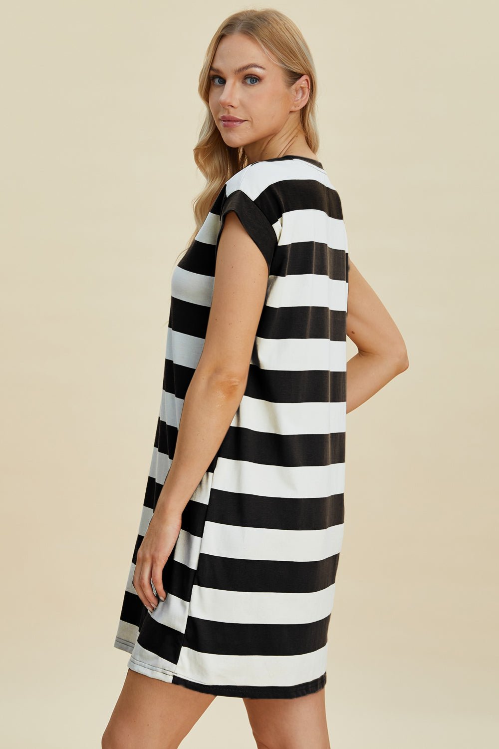 Basic Bae Full Size Striped Round Neck Cap Sleeve Mini Dress - Jaazi Intl