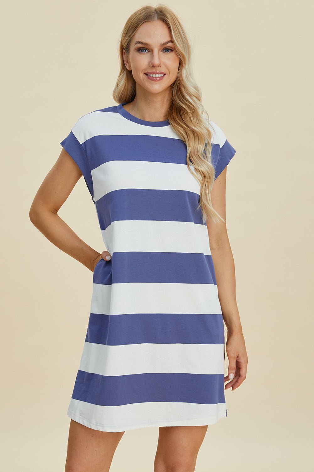 Basic Bae Full Size Striped Round Neck Cap Sleeve Mini Dress - Jaazi Intl