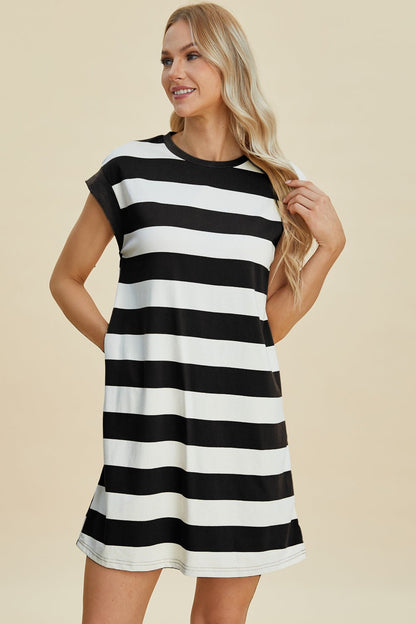 Basic Bae Full Size Striped Round Neck Cap Sleeve Mini Dress - Jaazi Intl