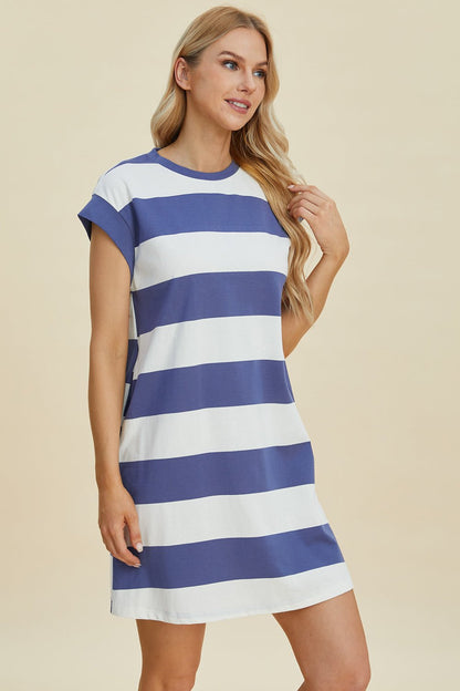 Basic Bae Full Size Striped Round Neck Cap Sleeve Mini Dress - Jaazi Intl