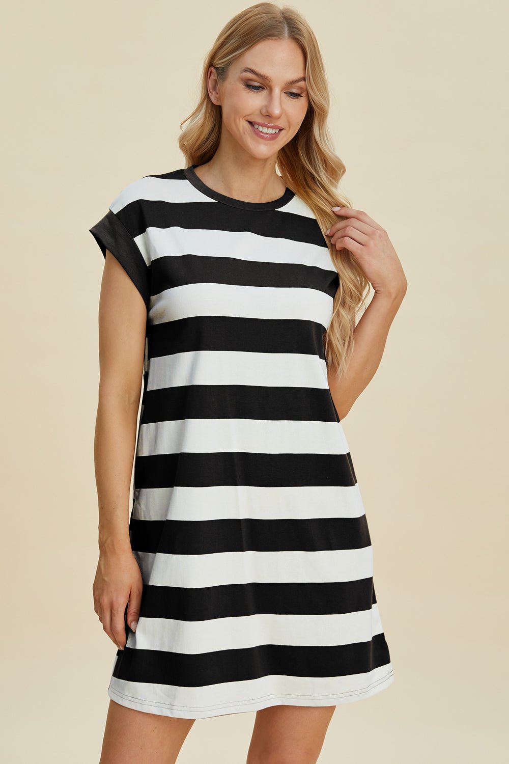 Basic Bae Full Size Striped Round Neck Cap Sleeve Mini Dress - Jaazi Intl