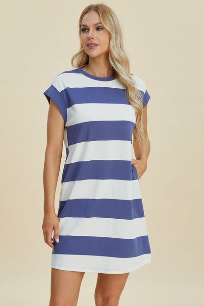 Basic Bae Full Size Striped Round Neck Cap Sleeve Mini Dress - Jaazi Intl