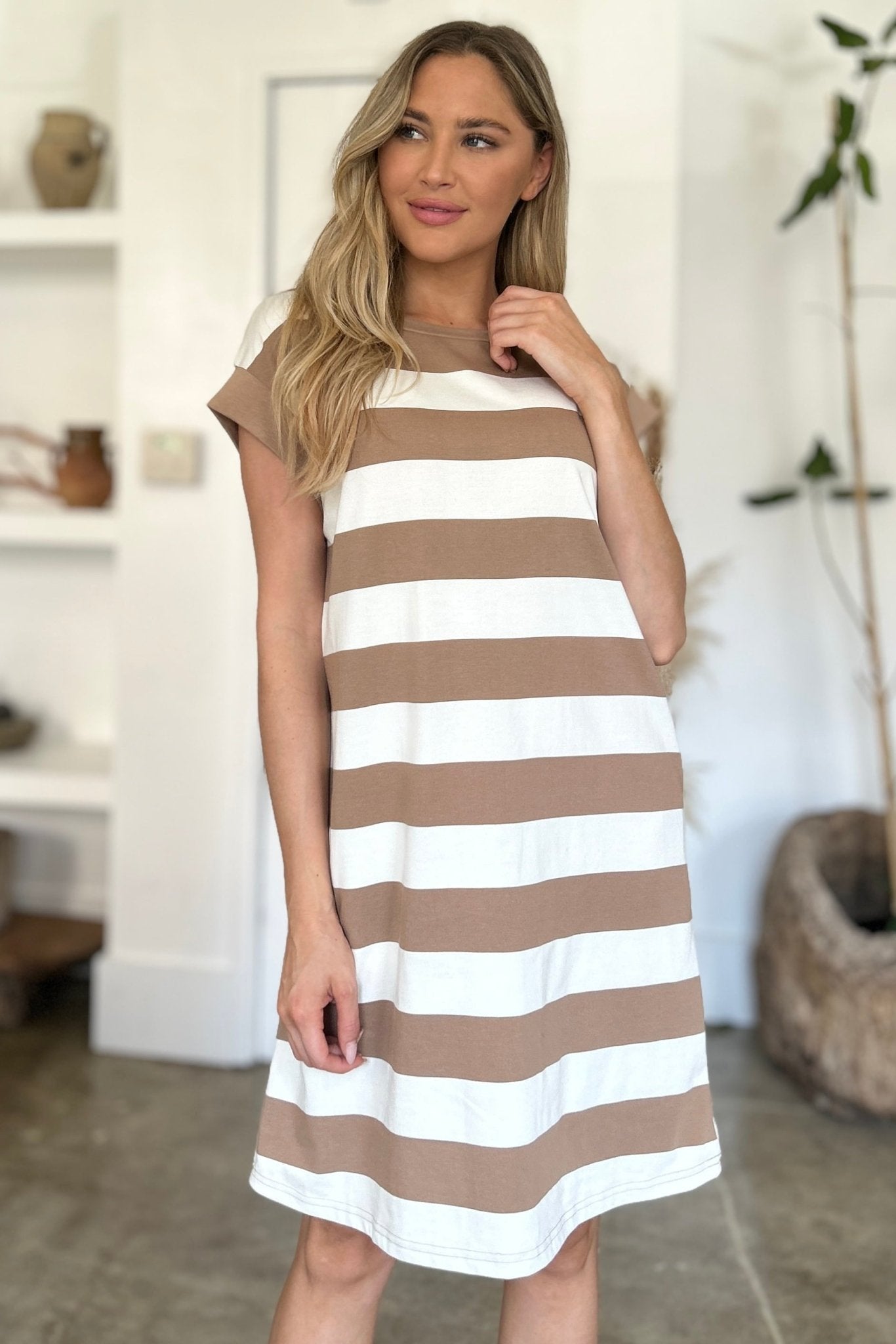 Basic Bae Full Size Striped Round Neck Cap Sleeve Mini Dress - Jaazi Intl