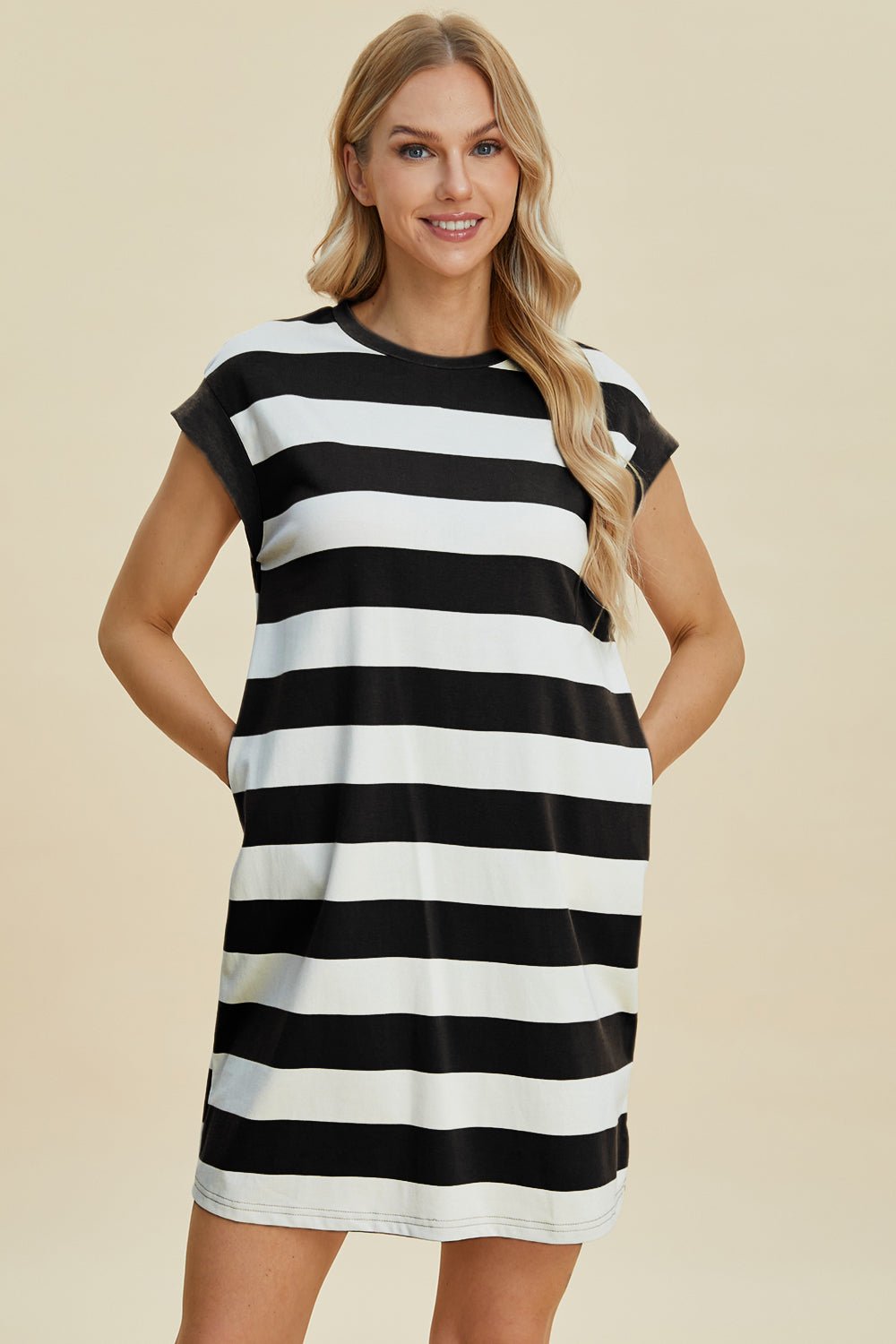 Basic Bae Full Size Striped Round Neck Cap Sleeve Mini Dress - Jaazi Intl