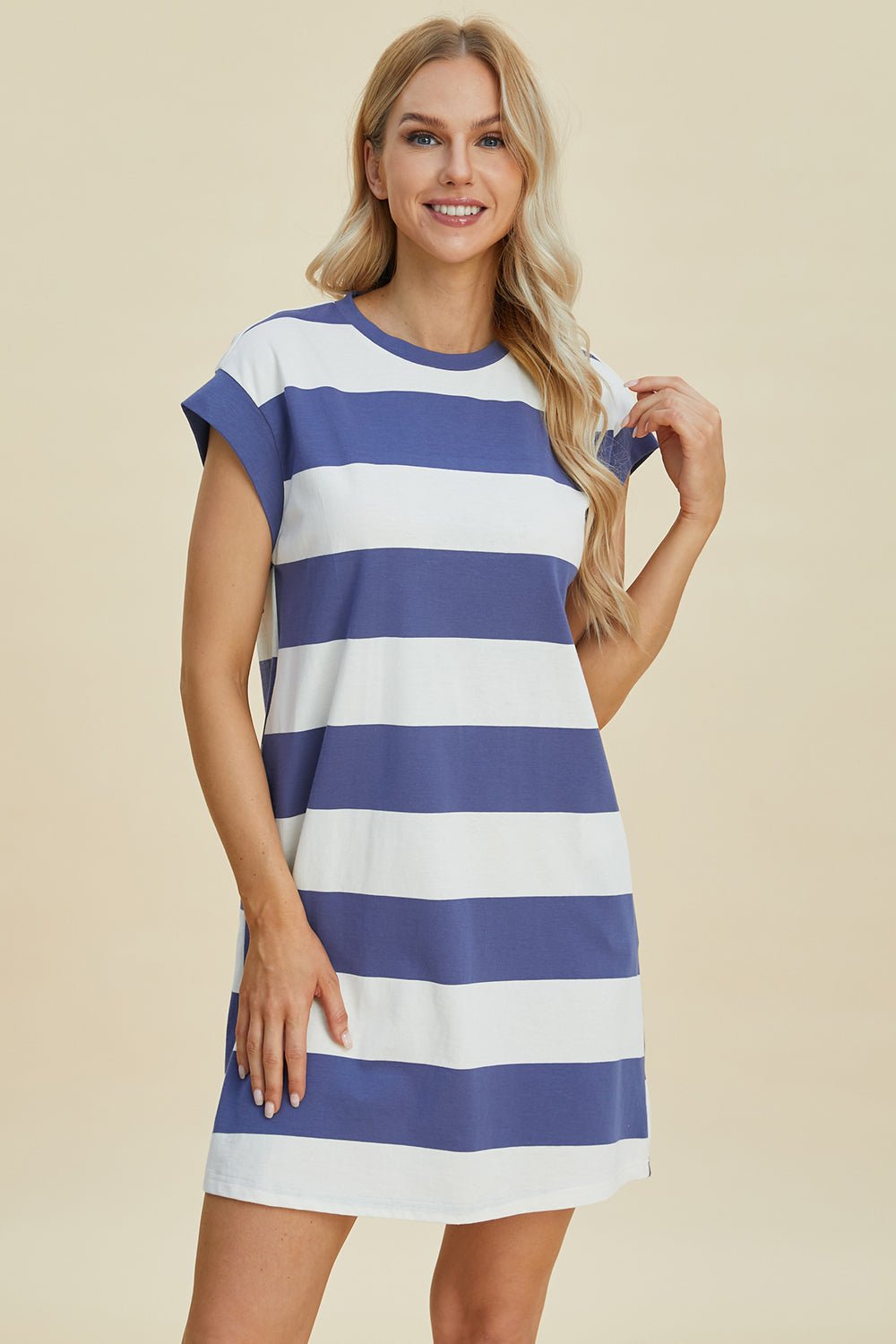 Basic Bae Full Size Striped Round Neck Cap Sleeve Mini Dress - Jaazi Intl