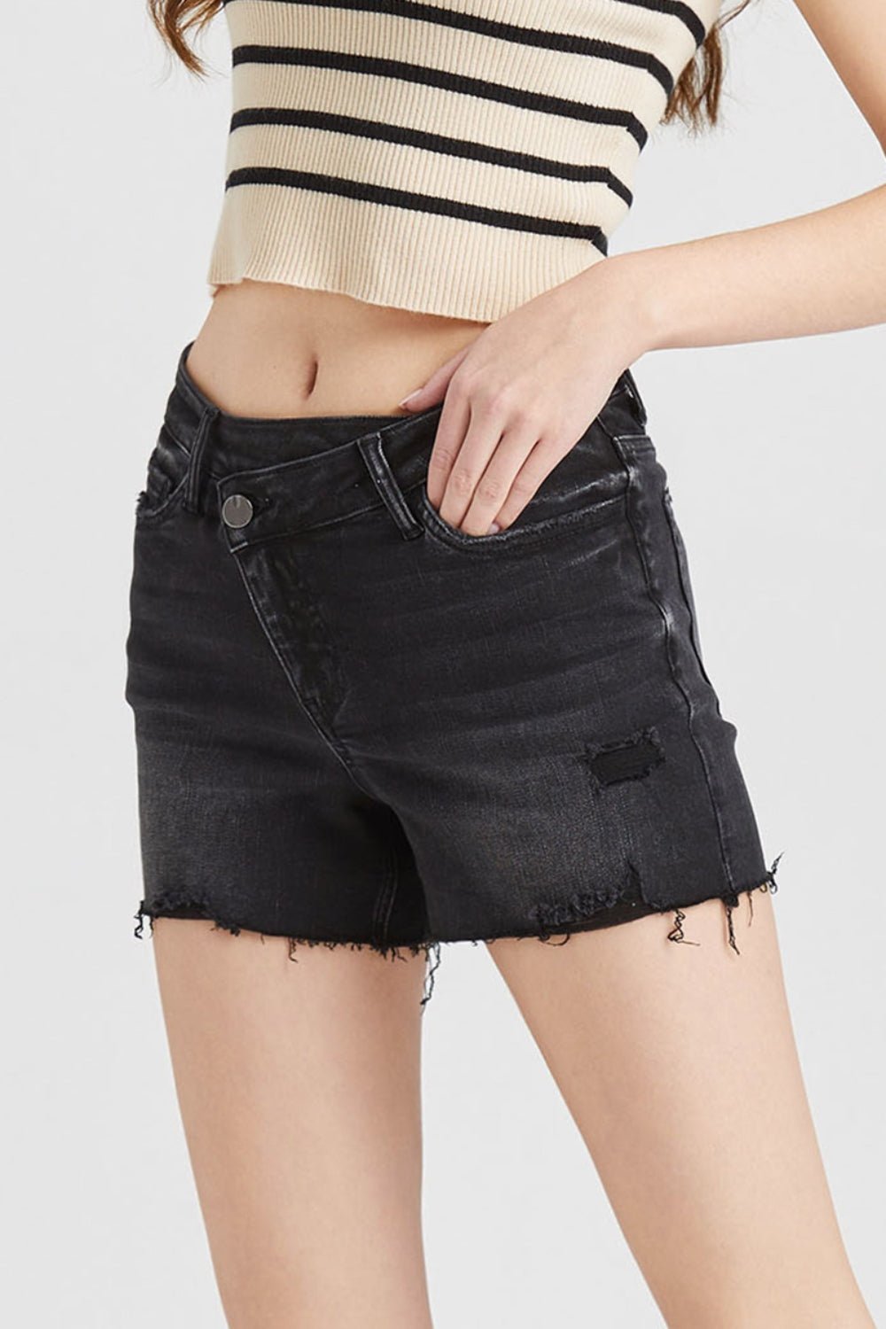 BAYEAS Stepped Waist Raw Hem Denim Shorts - Jaazi Intl