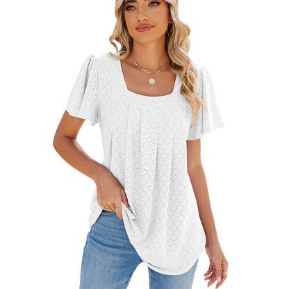 Summer Square Neck Pleated Short-sleeved T-shirt Loose Solid Color Ruffled Hollow Design Top For Womens Clothing