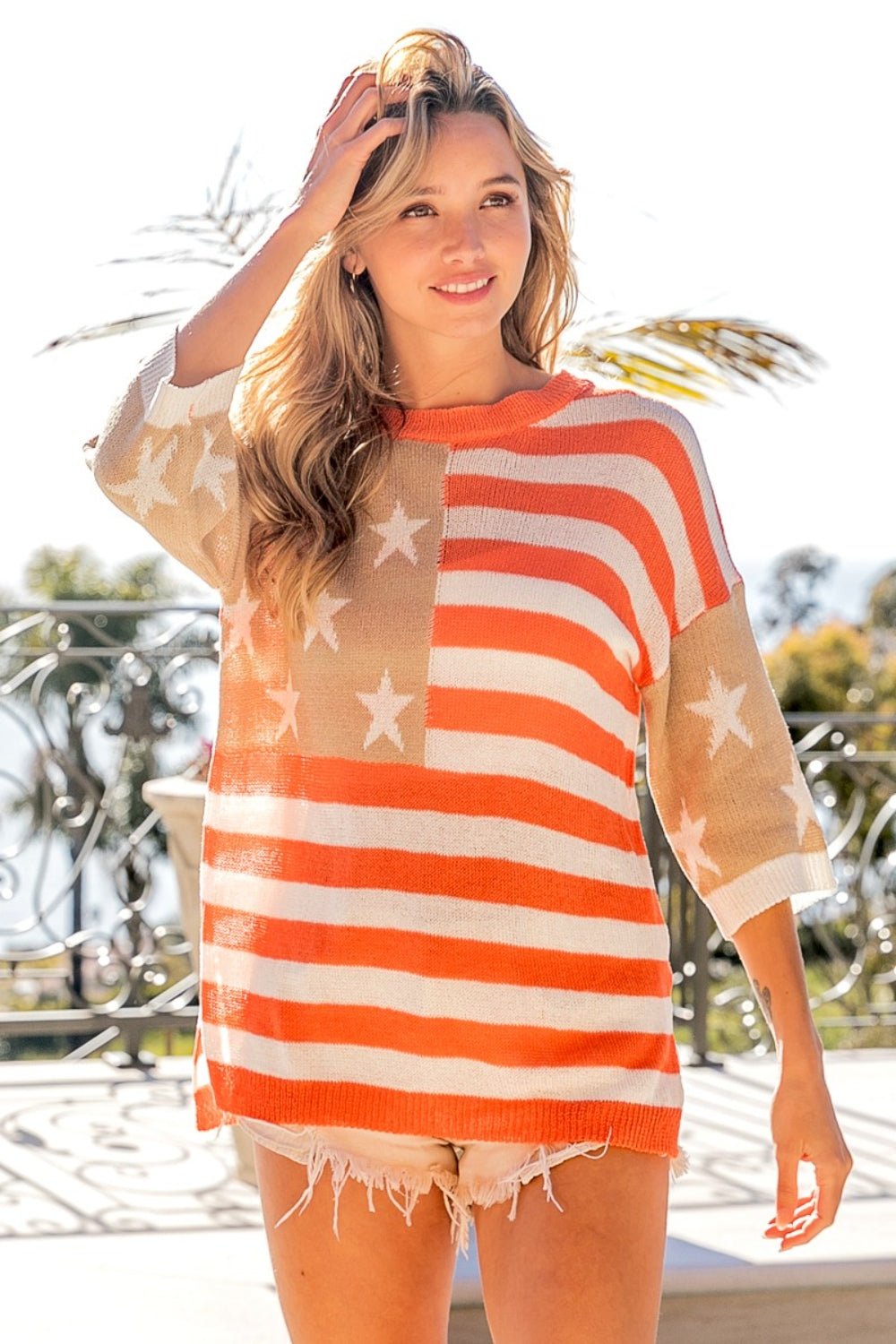 BiBi American Flag Round Neck Knit Top - Jaazi Intl