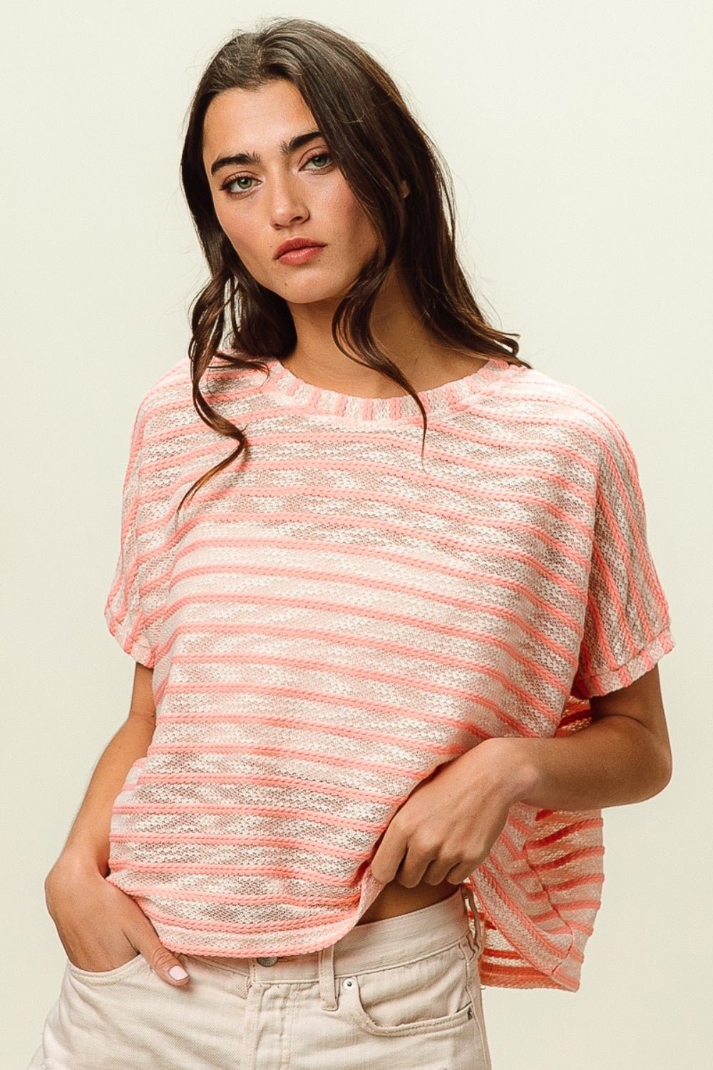 BiBi Braid Striped Short Sleeve Round Neck T - Shirt - Jaazi Intl